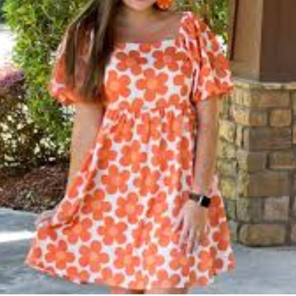 BIBI Orange‎ White Floral Puff Sleeve Mini Dress Square Neck Babydoll S